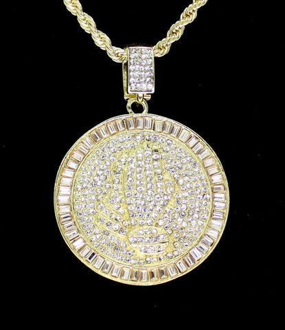Round Praying Hands Cubic Zirconia Pendant 14k Gold Plated 24" Rope Necklace