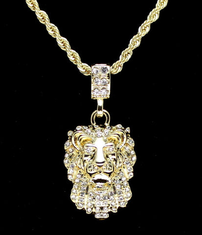 Lion Head Pendant 14k Gold Plated Cz w/ 24" Rope Chain Hip Hop Necklace