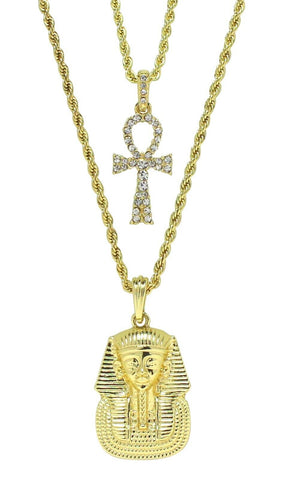 2pc Set Egyptian Pharaoh + Ankh Cross CZ Pendants 14k Gold Plated Ropes Hip Hop