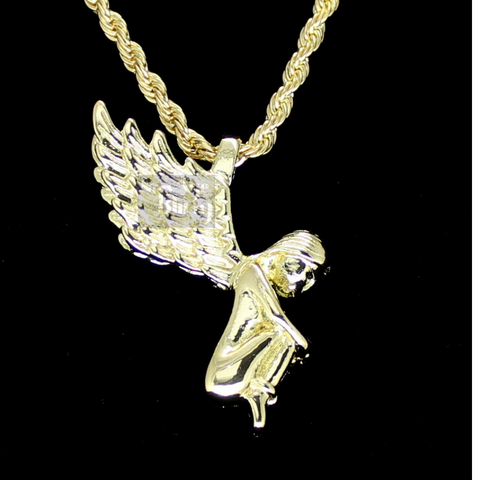 14k Gold Plated Wings Messenger Angel Pendant 24" Rope Chain Hip Hop Jewelry