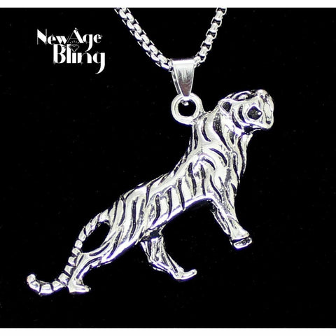 Roaring Bengal Tiger Pendant Necklace Stainless Steel 24" Chain Silver