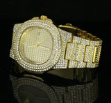 3pc Set Gold Plated Miami Cuban Link Cubic Zirconia Chain Bracelet Watch Combo