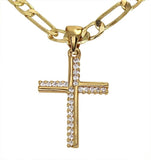 Small Cross CZ Pendant 20" Figaro Necklace 14k Gold Plated Jewelry