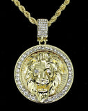 2 pc Set Mighty Lion Mens Iced Cz Round Pendant 24" Rope Chain 14k Gold Plated