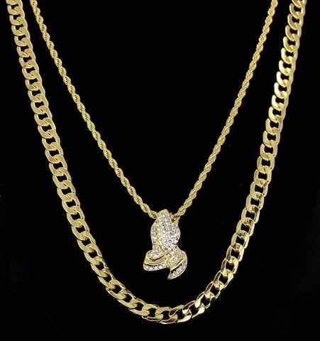 Praying Hands Set Cz Pendant 24" Rope & 30" Cuban Link 14k Gold Plated Chain