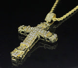 Mens Large Cross CZ Pendant 14k Gold Plated 24" Rope Hip Hop Necklace