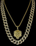 Mens 3pc Set Lion Head Cuban Link 14k Gold Plated 24" 30" CZ Chains