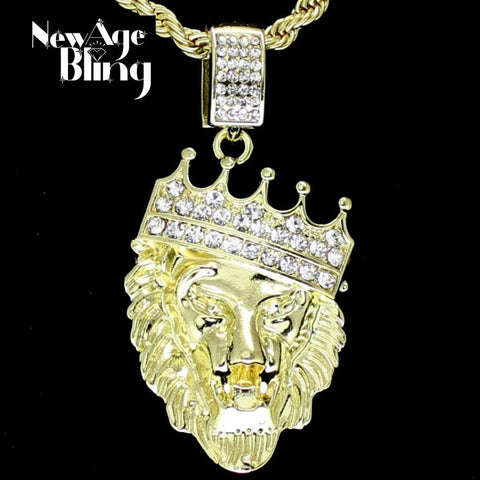 Mighty Lion Iced Crown Cz Pendant 24" Chain 14k Gold Plated Hip Hop Jewelry