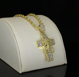Iced CZ Jesus Piece 1.5" Cross Pendant HipHop 14k Gold Plated 24" Rope 4mm Chain