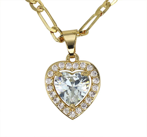 Womens Heart Iced CZ Pendant 20" Figaro Necklace 14k Gold Plated Jewelry