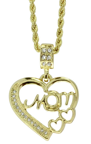 Mom Heart CZ Pendant Icy 14k Gold Plated w/ 24" Rope Chain Women's Jewelry