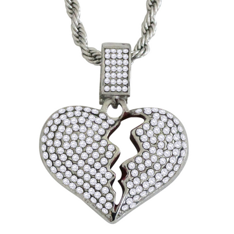 Broken Heart CZ Pendant Silver Plated 24" Rope HipHop Men Women Necklace