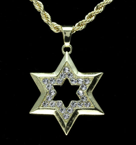 Mens Cz 6 Point Star of David Pendant 14k Gold Plated Rope Chain HipHop Necklace