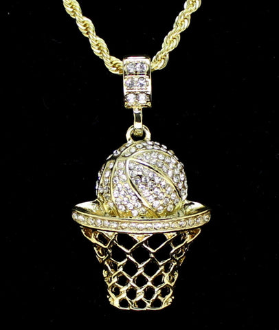 Basketball CZ Pendant 14k Gold Plated 24" Rope Necklace Hip Hop