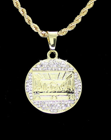 Round Iced Last Supper CZ Pendant 14k Gold Plated 24" Rope Chain HipHop Necklace