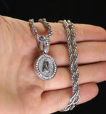 Small Round Praying Hands CZ Pendant 24" Rope Chain Silver Plated Hip Hop