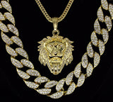 Mens 3pc Set Lion Head Cuban Link 14k Gold Plated 24" 30" CZ Chains Hip Hop