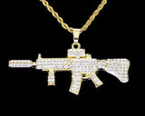 Mens Machine Gun CZ Pendant 14k Gold Plated 30" Rope Chain Necklace Hip Hop