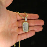 Small Icy Dog Tag Pendant Cz 14k Gold Plated 24" Rope Chain Hip Hop Necklace