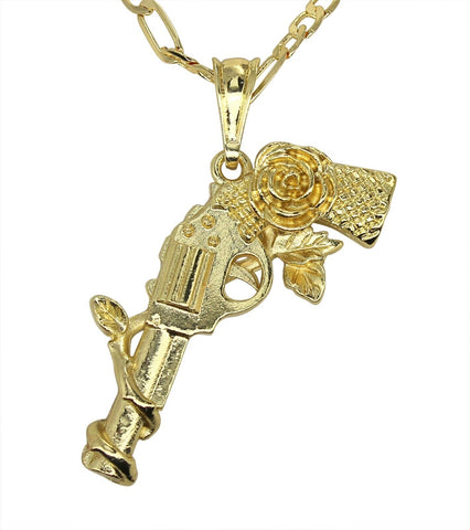 Pistol Gun Wrapped in Rose Pendant 20" Figaro Necklace 14k Gold Plated Jewelry