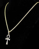 Ankh Pendant 14k Gold Plated iced Cz w/ 24" Rope Chain Hip Hop Necklace