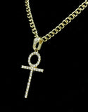 Thin Icy Ankh CZ Pendant 14k Gold Plated w/ 24" Link Chain Hip Hop Necklace