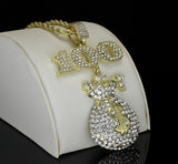 Large Money Bag CZ Pendant Icy 14k Gold Plated 24" Rope Necklace Hip Hop Jewelry