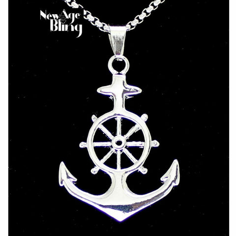 Anchor Wheel Captain Pendant Necklace Stainless Steel 24" Chain