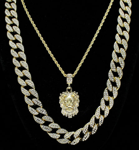 Mens 3pc Lion Head Cuban Link 14k Gold Plated 18" 24" Hip Hop Jewelry CZ Chains