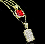 2 pc Chain Icy CZ Dog Tag + Rhinestone Pendant Gold Plated Hip Hop Necklace