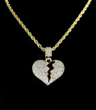 Icy Broken Heart CZ Pendant 14k Gold Plated 24" Rope Hip Hop Men Women Necklace