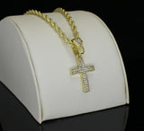 Iced CZ Cross Pendant Hip Hop Fashion 14k Gold Plated w/ 24" Rope 4mm Chain