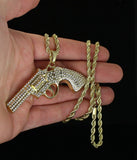 Mens Revolver Gun Pistol CZ Pendant 14k Gold Plated 24" Rope Necklace Hip Hop