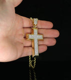 Large Iced CZ Cross Pendant HipHop Fashion 14k Gold Plated w/ 24" Rope 4mm Chain