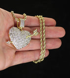 Icy CZ Arrow Heart Pendant 14k Gold Plated 24" Rope Hip Hop Men Women Necklace