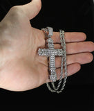 Mens Large Icy CZ Cross Pendant White Gold Plated 24" Rope Hip Hop Necklace