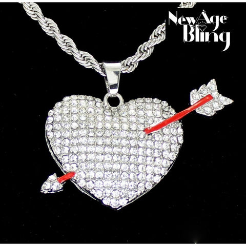 Icy Arrow Heart CZ Pendant Silver Plated 24" Rope Hip Hop Men Women Necklace