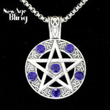 5 Star Pentagram Pendant Necklace 24" Stainless Steel Chain Blue Rhinestone