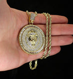 Mighty Lions Head Men's Iced CZ Round Pendant 24" Rope Chain 14k Gold Plated