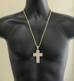 Triple Layer Large Iced Cross CZ Pendant HipHop 14k Gold Plated 24" Rope Chain
