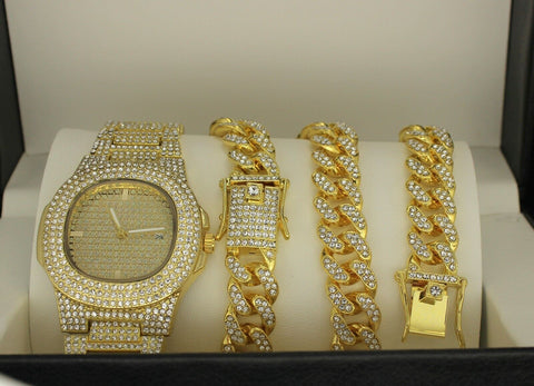 3pc Set Gold Plated Miami Cuban Link Cubic Zirconia Chain Bracelet Watch Combo