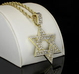 Mens Cz 6 Point Star of David Pendant 14k Gold Plated Rope Chain Hip Hop Jewelry