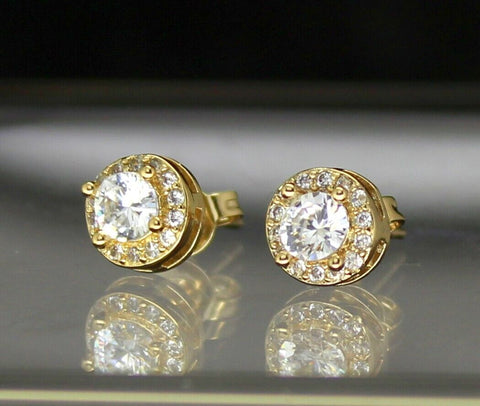 Mens Womens Cz Solitaire 7mm Studs Gold Plated Push Back Iced Earrings Hip Hop