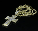 Mens Iced Cz Cross Pendant 14k Gold Plated 24" Rope Chain Hip Hop Necklace