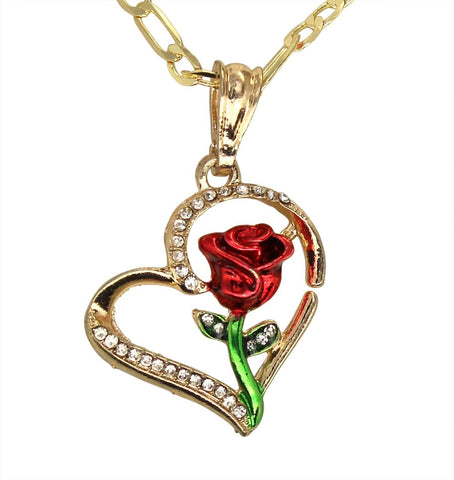 Rose Flower Heart CZ Pendant 20" Figaro Necklace 14k Gold Plated Jewelry