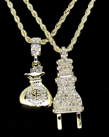 Mens 14k Gold Plated 2 pc Set Icy CZ Plug & Money Bag 3mm 24" Rope Chains HipHop