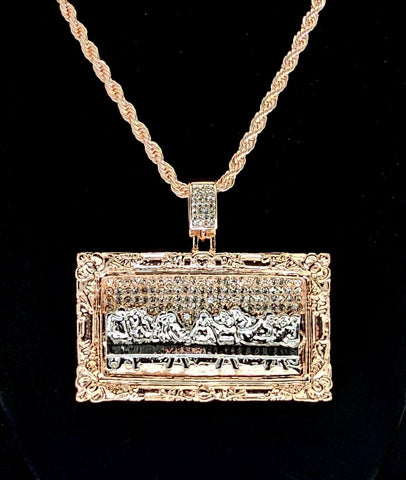 Two Tone XL Last Supper CZ Pendant 14k Rose Gold Plated 24" Rope HipHop Necklace