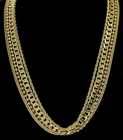 4 Chain Set 14k Gold Plated Ball Rope Franco Cuban Necklaces Hip Hop