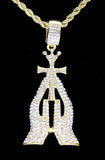 Praying Hands w/Cross Cz Pendant 14k Gold Plated 24" Rope Chain Hip Hop Necklace