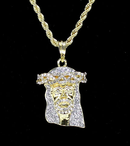 14k Gold Plated Jesus Piece Cz Pendant 24" Rope Chain Hip Hop Necklace